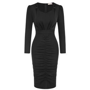 VINTAGE RUCHED LONG SLEEVE DEFINED WAIST BODYCON DRESS